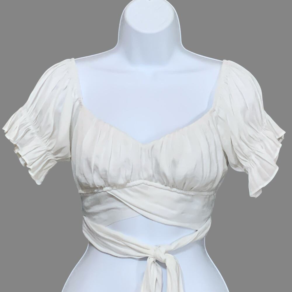 Saints Secrets L White Ruffle Short Sleeve Tie Back Crop Top Boho Milkmaid